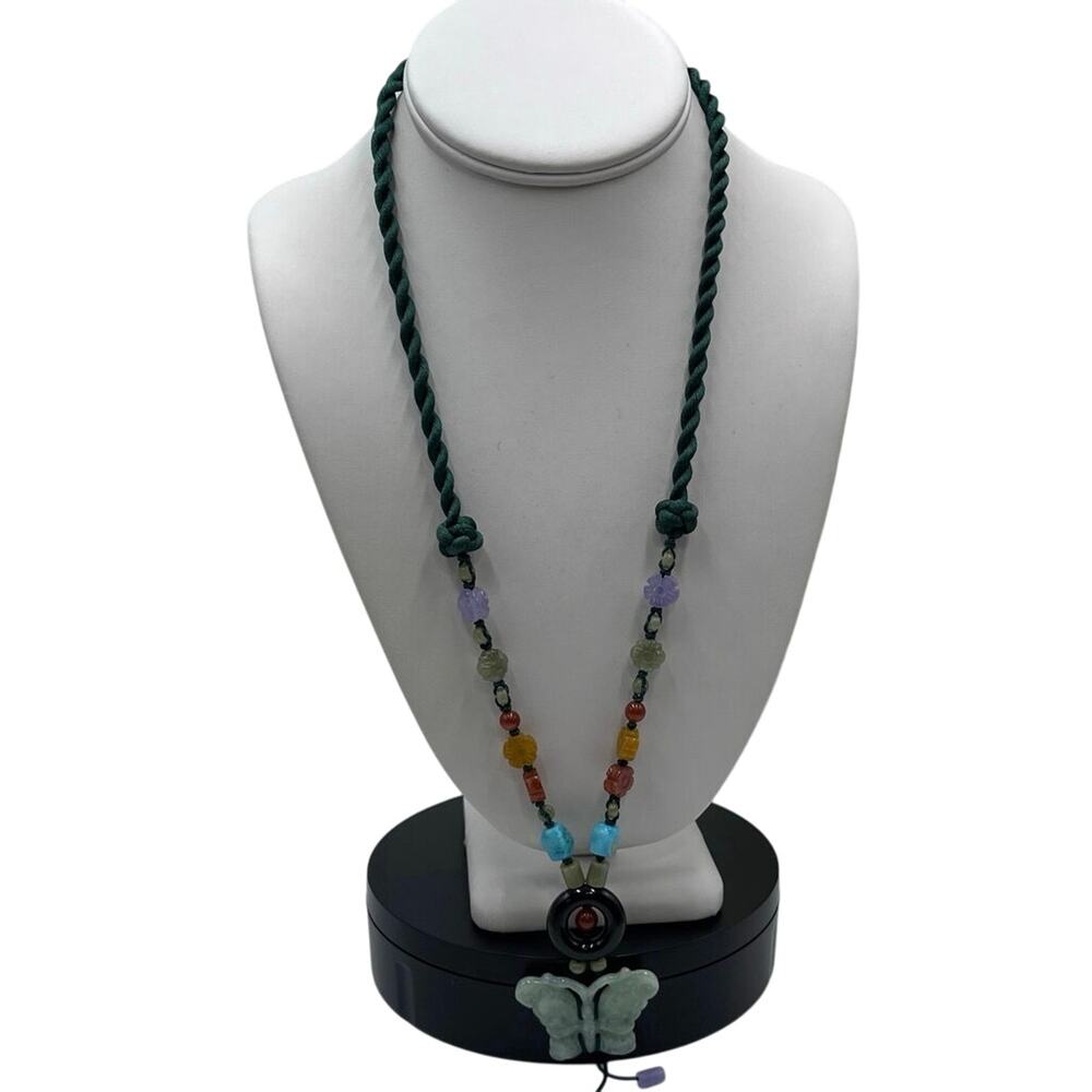 Jadeite Butterfly Carnelian Turquoise Beaded Hand Knotted‎ Green Cord Necklace